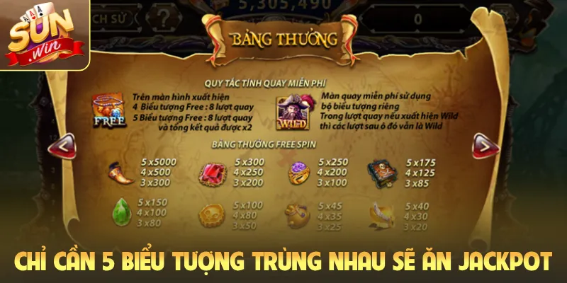 Chỉ cần 5 biểu tượng trùng nhau sẽ ăn jackpot